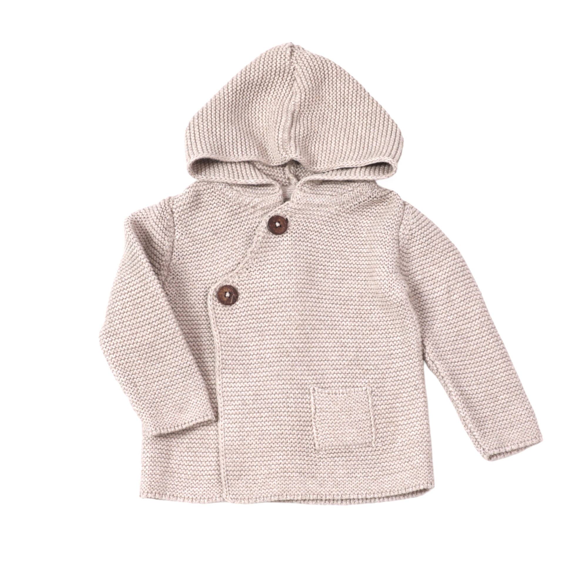 Hooded Button & Pocket Sweater Knit Baby Jacket Organic: Oat Heather