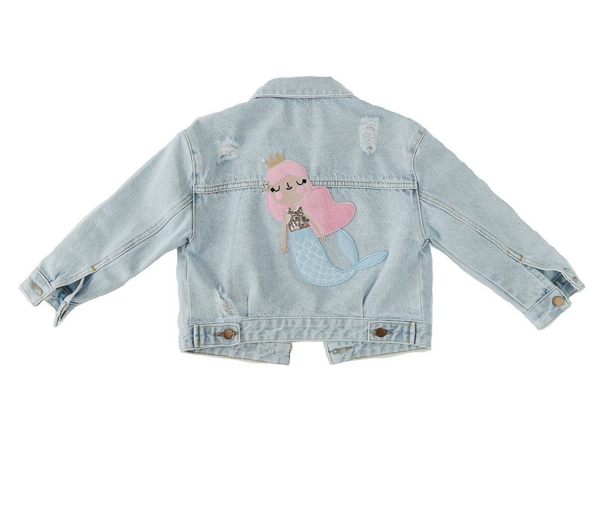 Patched Denim Jacket - Collared Neckline: Mermaid
