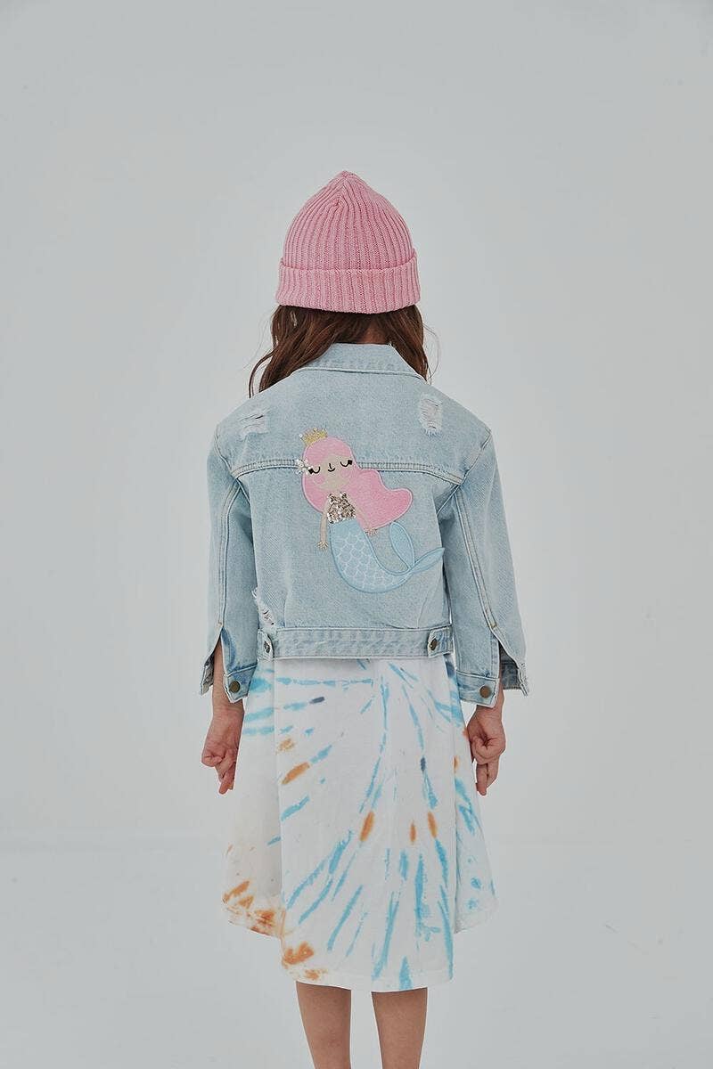 Patched Denim Jacket - Collared Neckline: Mermaid