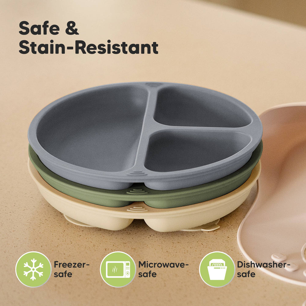 3-Pack Prep Suction Plates for Baby, BPA-Free Silicone Plate: Slate