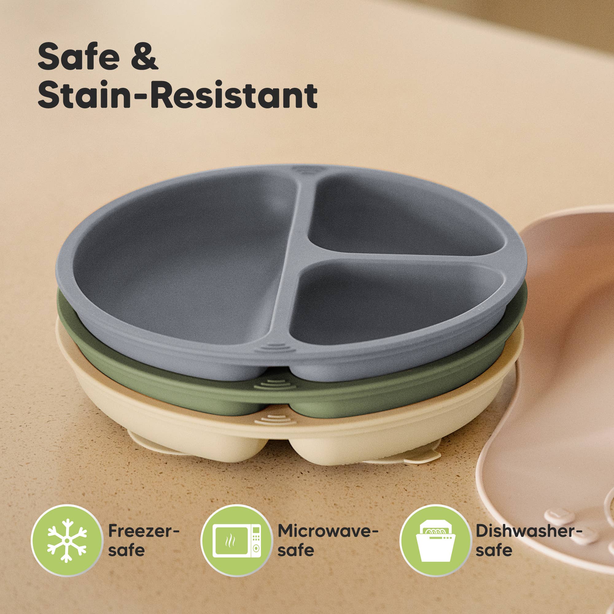 3-Pack Prep Suction Plates for Baby, BPA-Free Silicone Plate: Slate