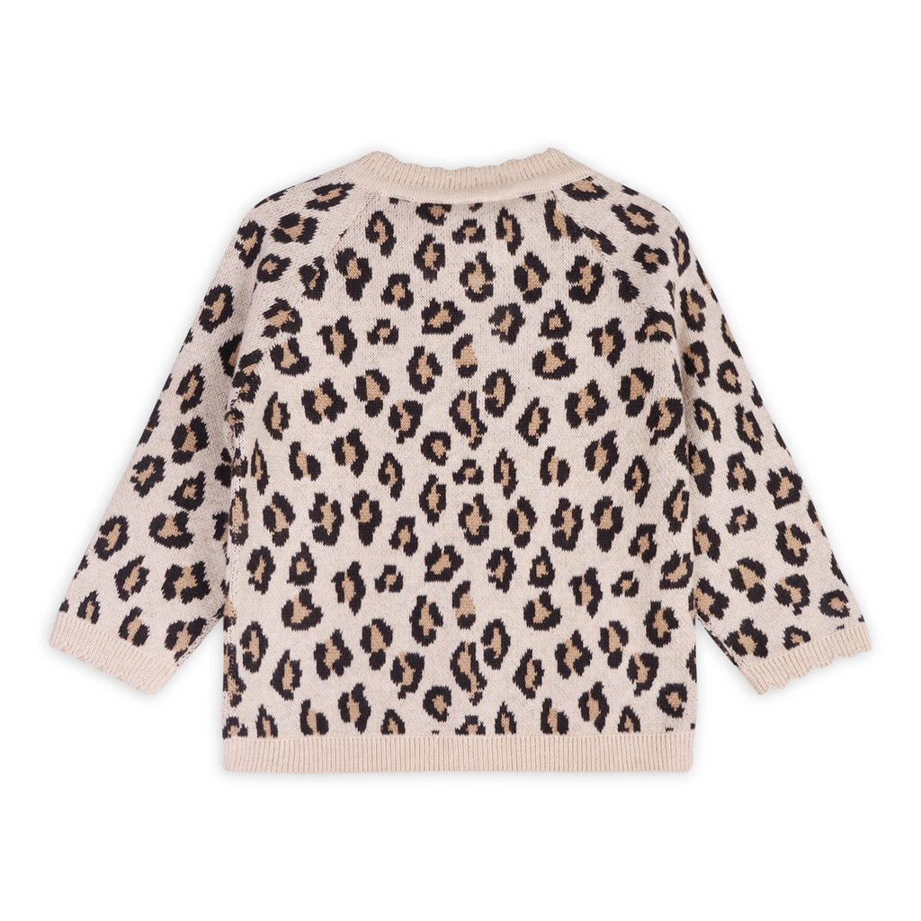 Leopard Jacquard Sweater Knit Baby Cardigan Organic Cotton Oatmeal Heather