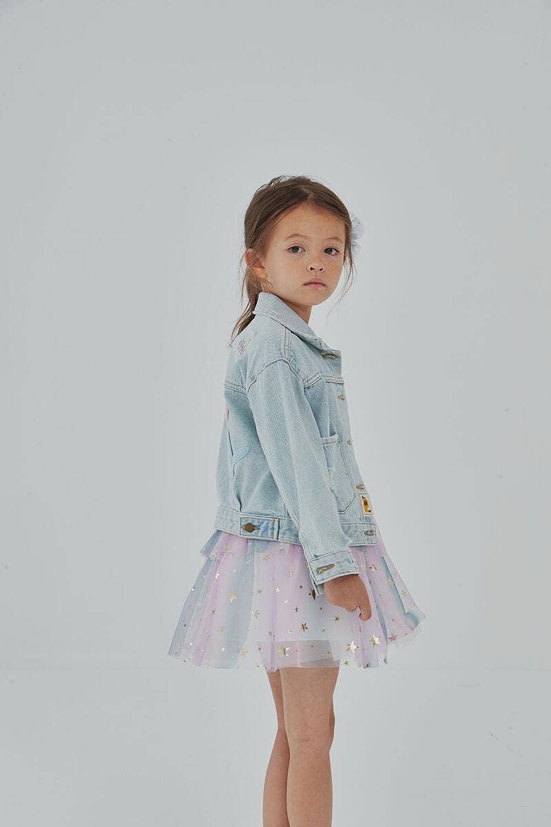 Patched Denim Jacket - Collared Neckline: Mermaid