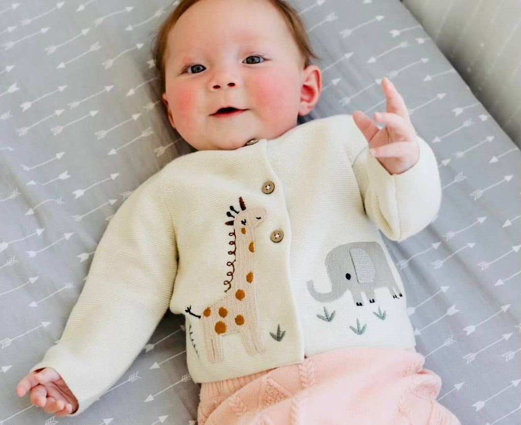 Animal Safari Organic Embroidered Baby Cardigan Sweater Natural