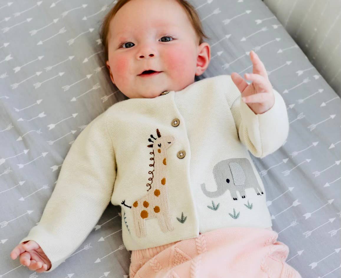 Animal Safari Organic Embroidered Baby Cardigan Sweater Natural
