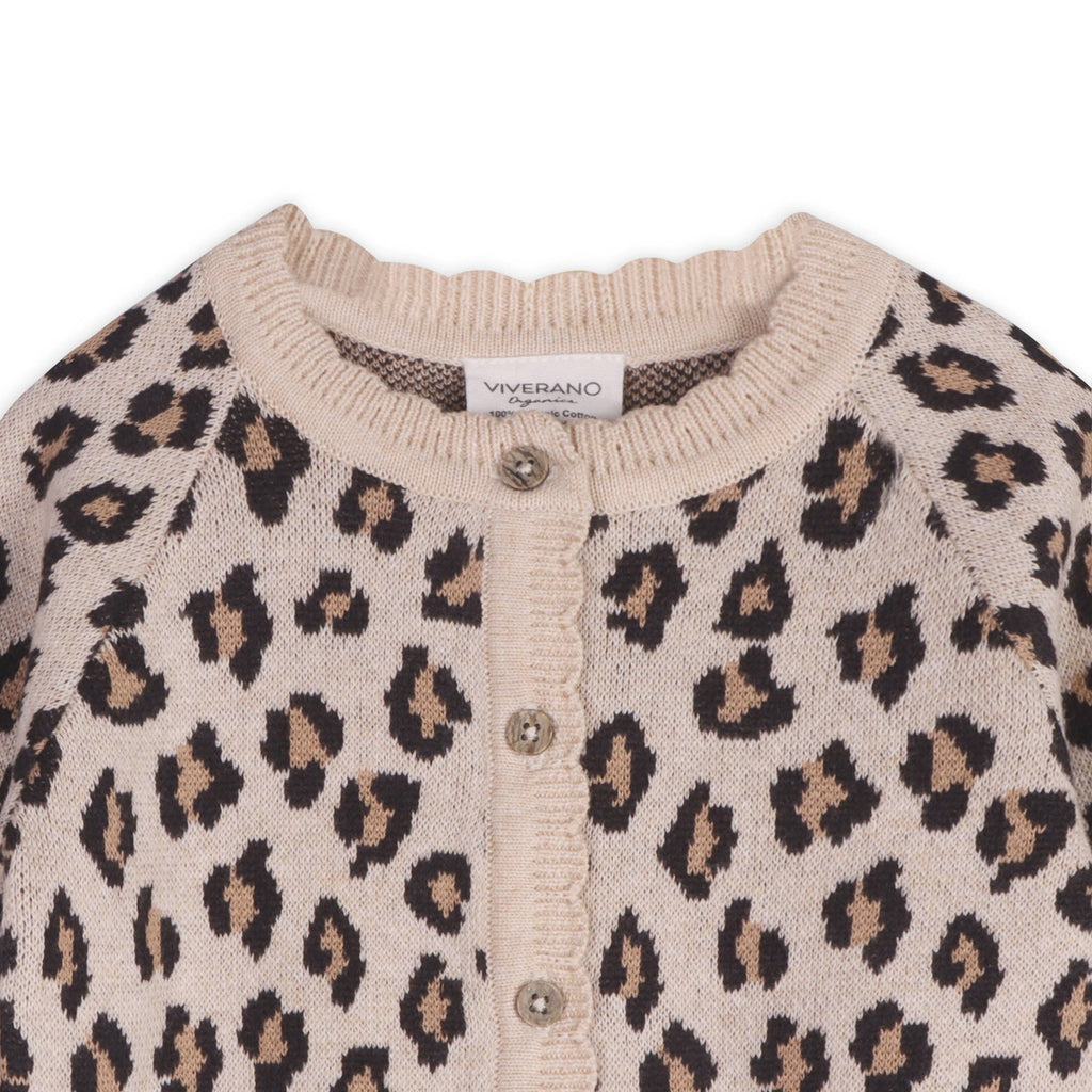 Leopard Jacquard Sweater Knit Baby Cardigan Organic Cotton Oatmeal Heather