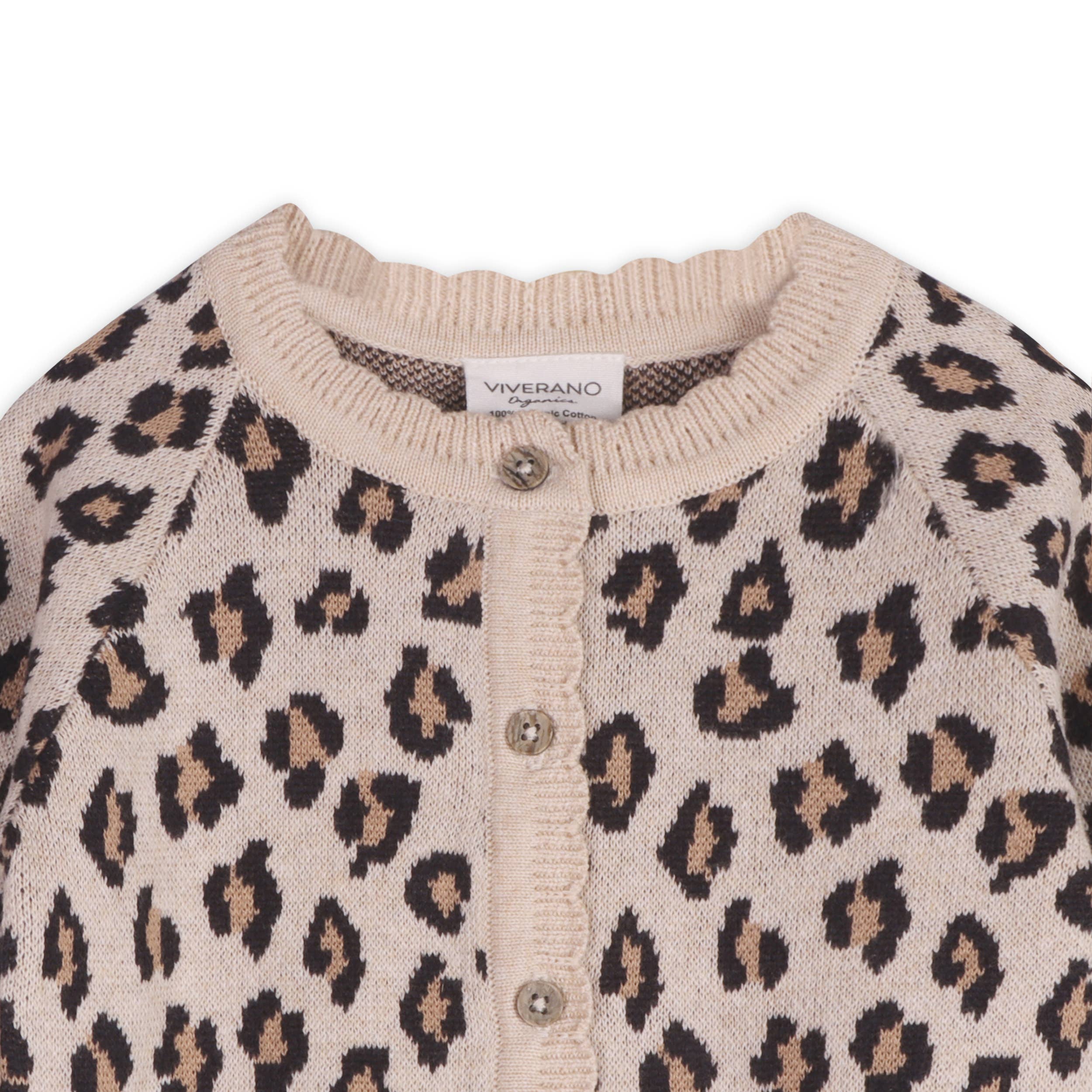 Leopard Jacquard Sweater Knit Baby Cardigan Organic Cotton Oatmeal Heather