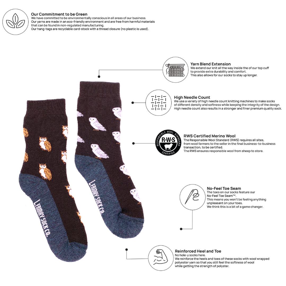 Kid's Owl Merino Wool Crew Socks - All-Season Wear