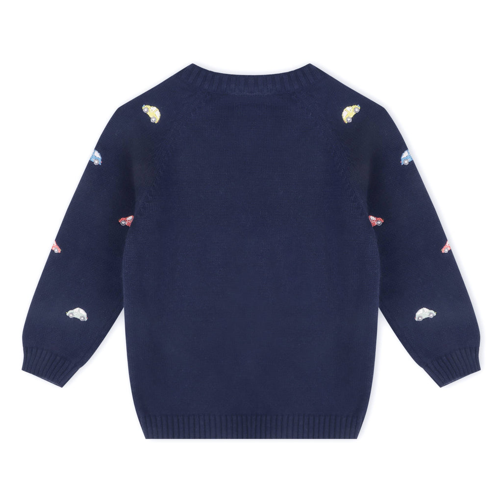 Mini Beetle Cars Organic Embroidered Baby Sweater Navy Blue