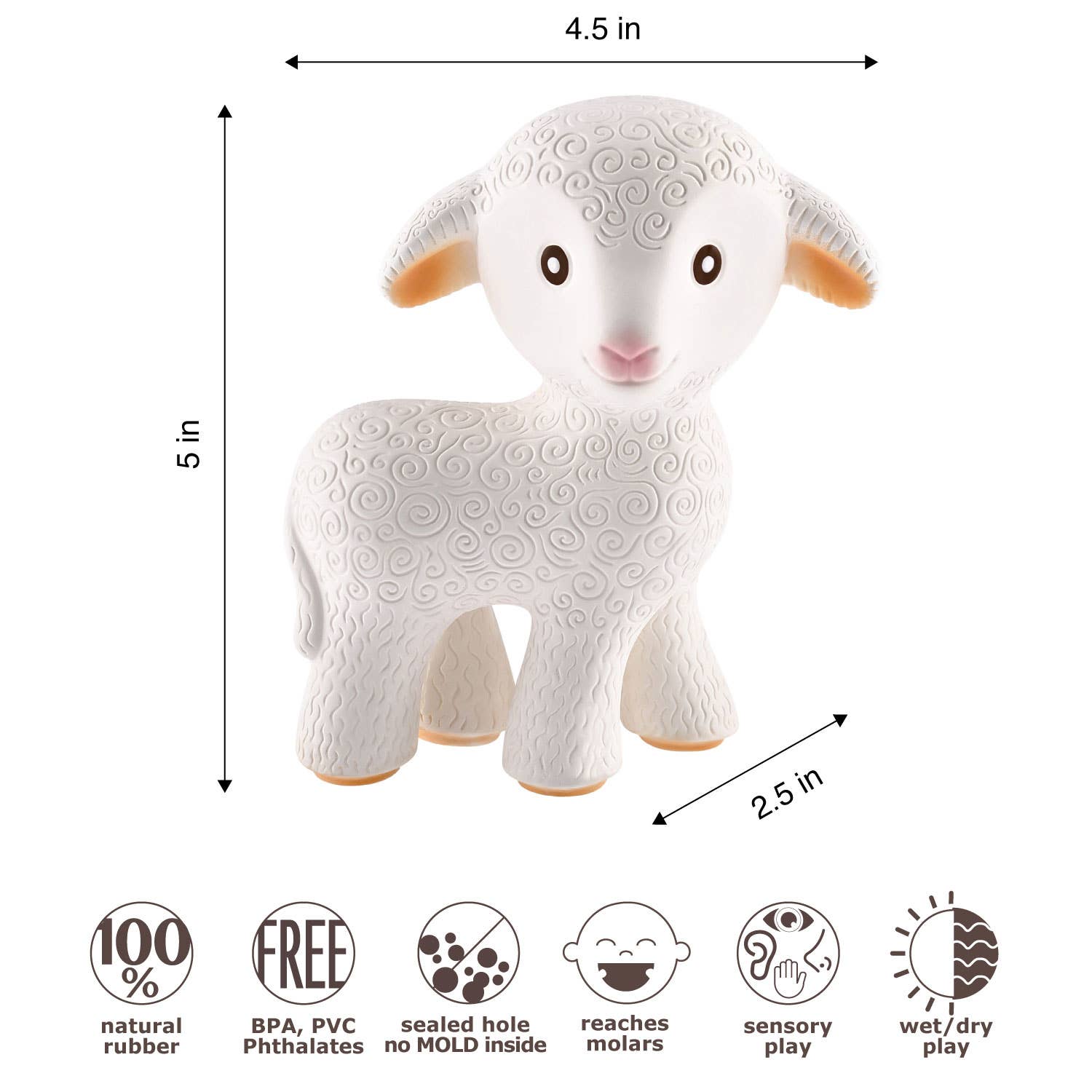 Natural Rubber Teether Lamb, Non-Toxic, Mold-free Design