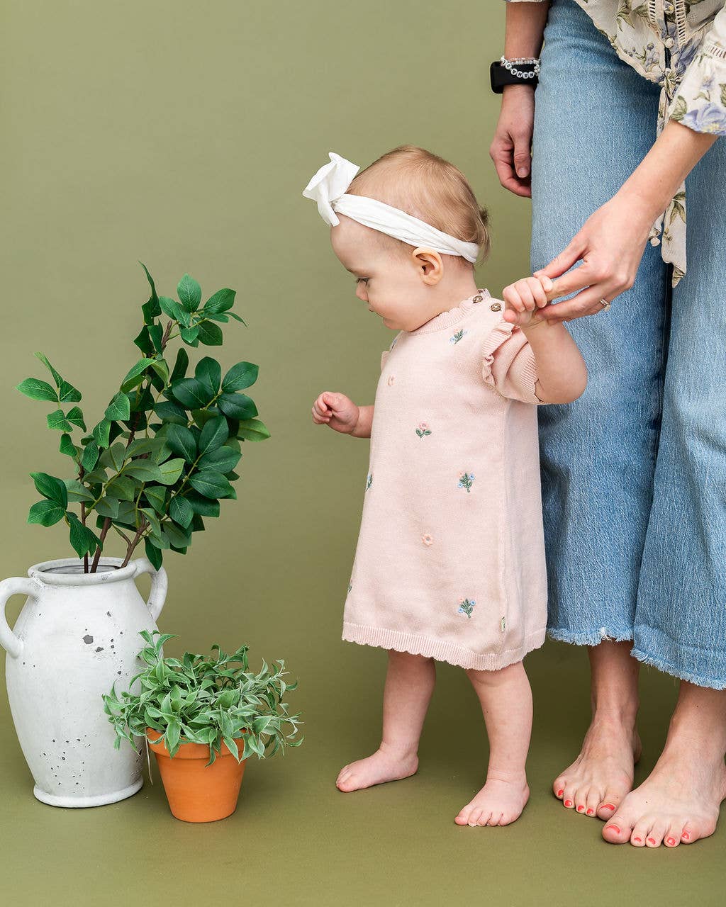 Floral Embroidered Organic Short Sleeve Ruffle Dress Baby Pink