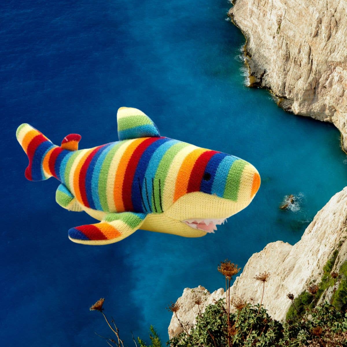 Knitted Shark Soft Toy Teddy in Bright Stripes