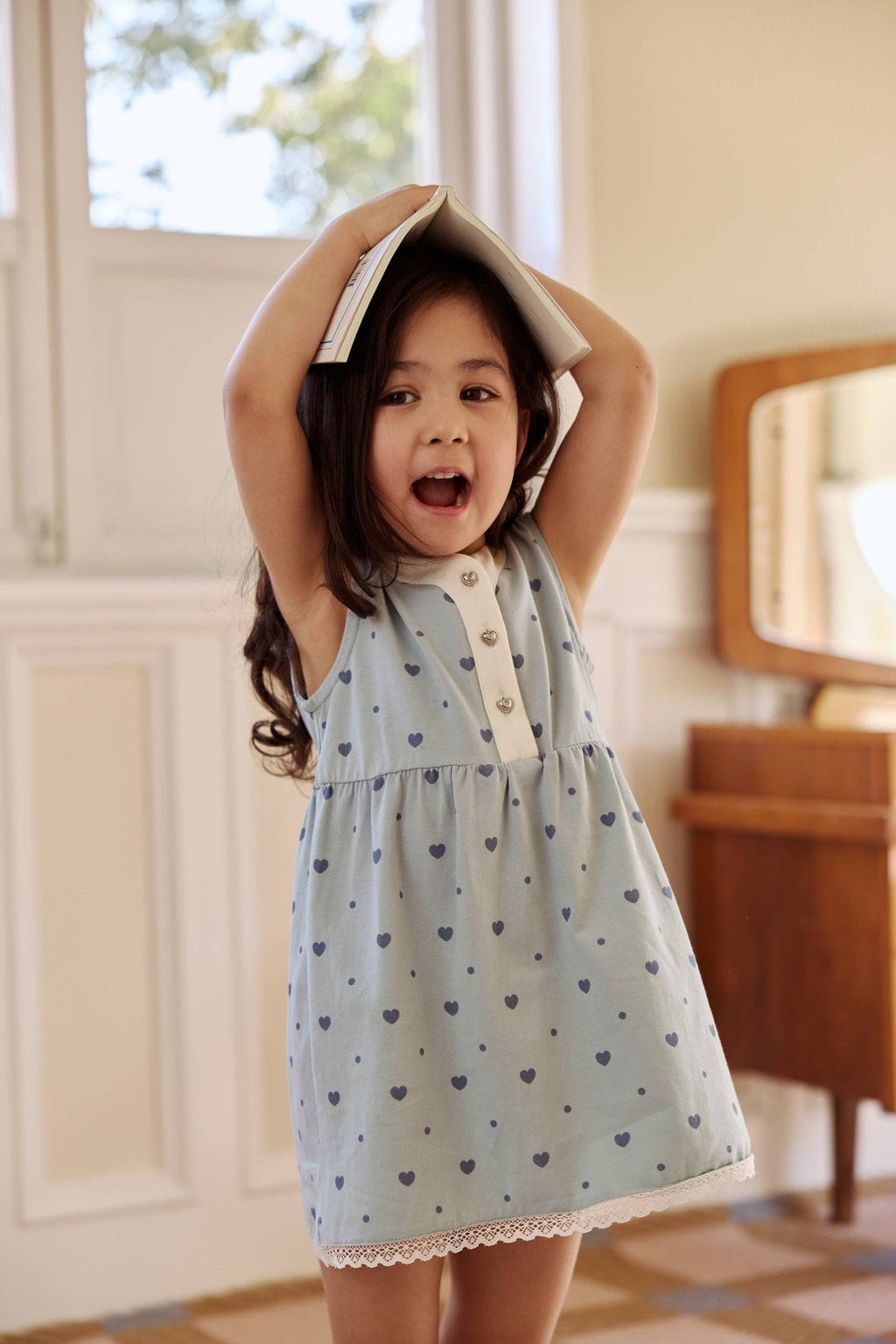 Girl Ruffle Tank Dress-Blue Hearts