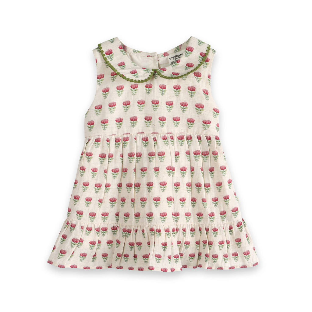 Mia Block Print Floral Baby Dress + Bloomer Linen Blend