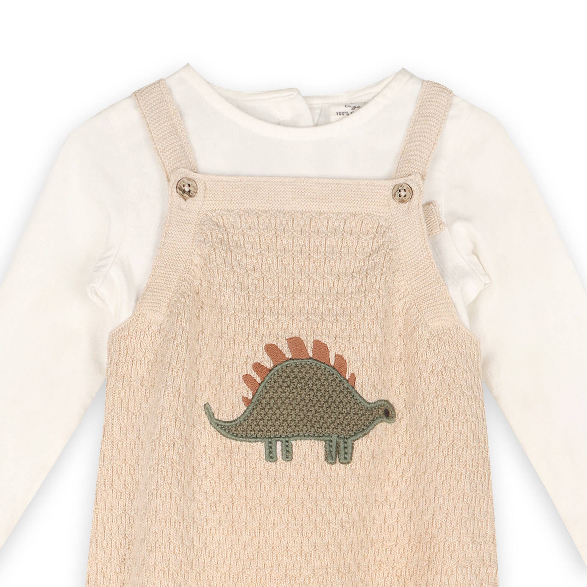 Dino Embroidered Baby Knit Overall Set (Organic): Oatmeal Heather / 12-18M