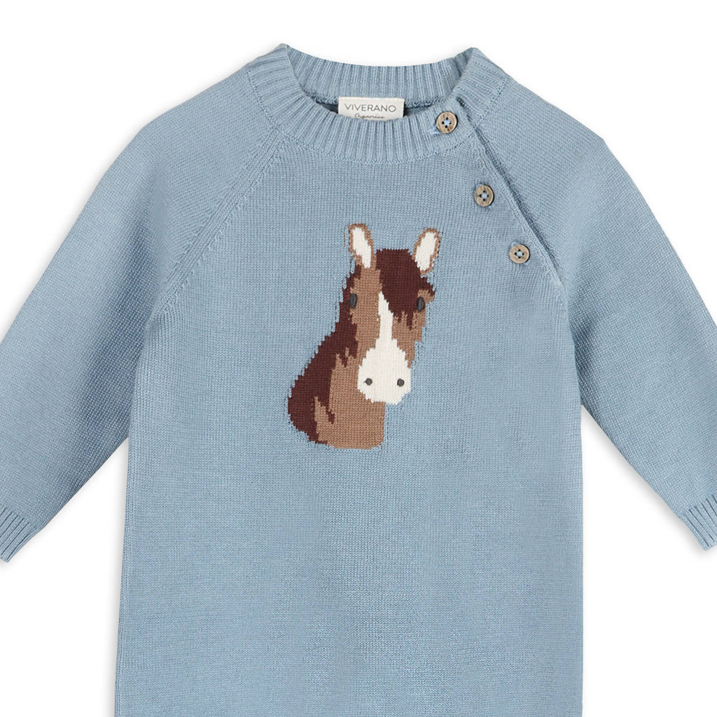 Horse Face Organic Cotton Jacquard Knit Baby Jumpsuit: Mineral Blue
