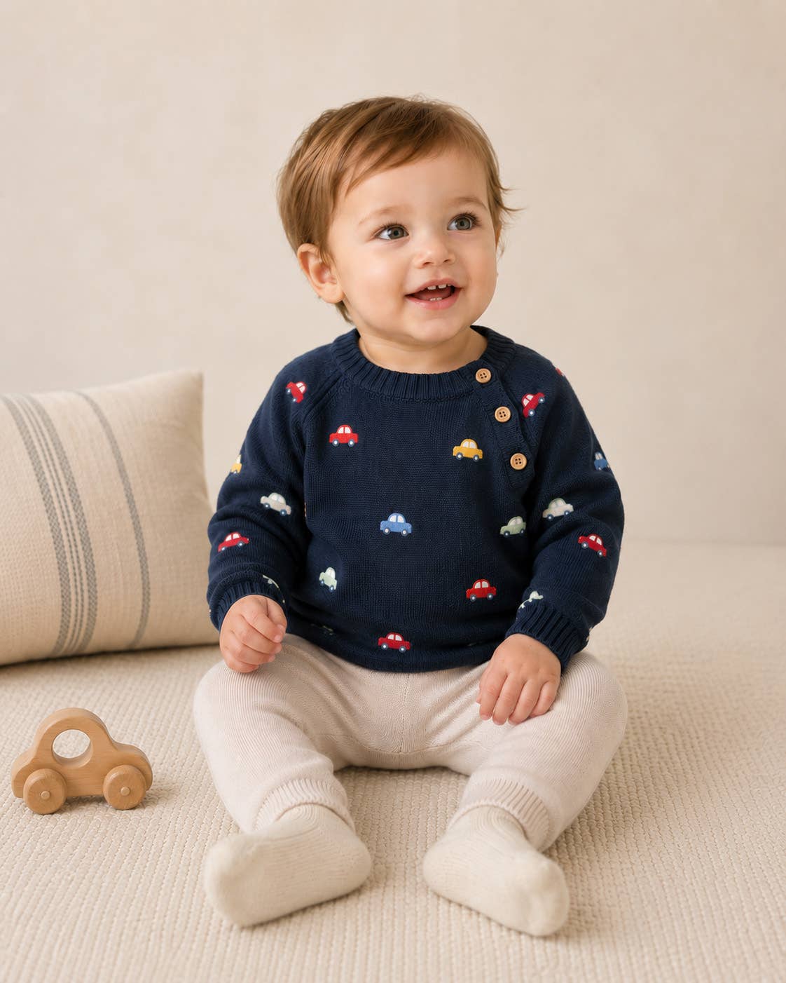 Mini Beetle Cars Organic Embroidered Baby Sweater Navy Blue