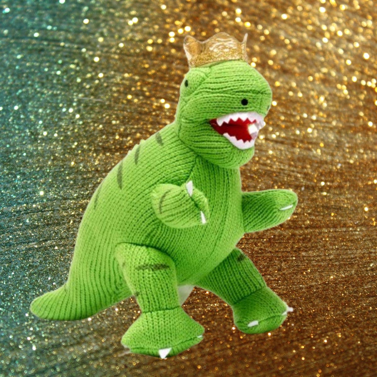 Knitted King T Rex Dinosaur with Crown Green Plush Toy