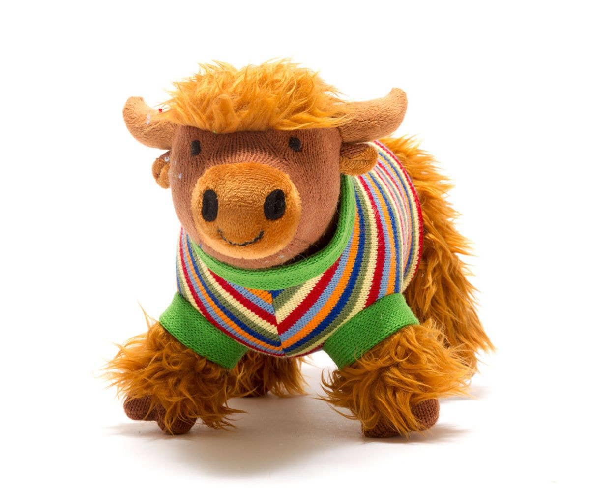 Knitted Highland Cow Soft Toy in Stripe Jumper