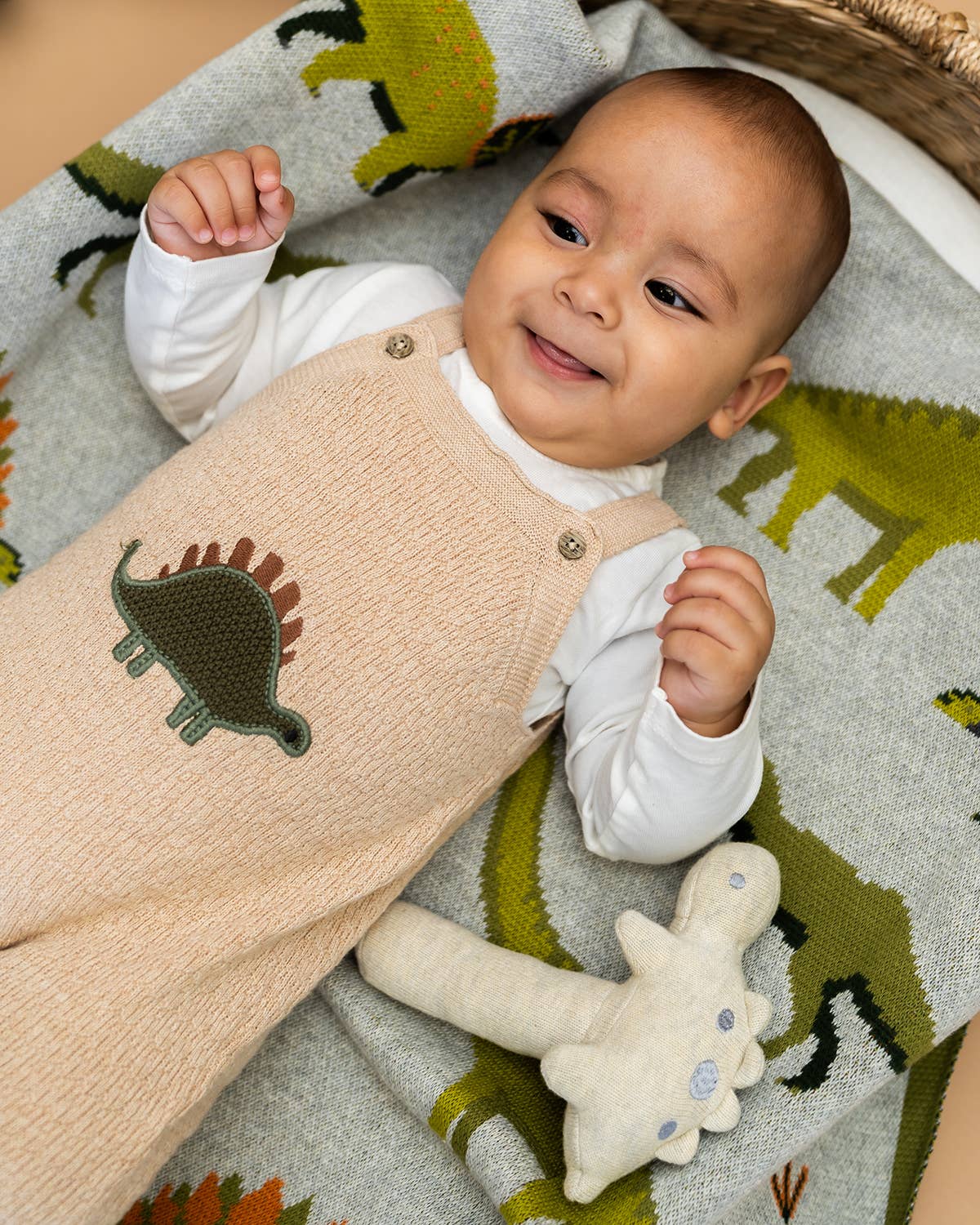 Dino Embroidered Baby Knit Overall Set (Organic): Oatmeal Heather / 12-18M