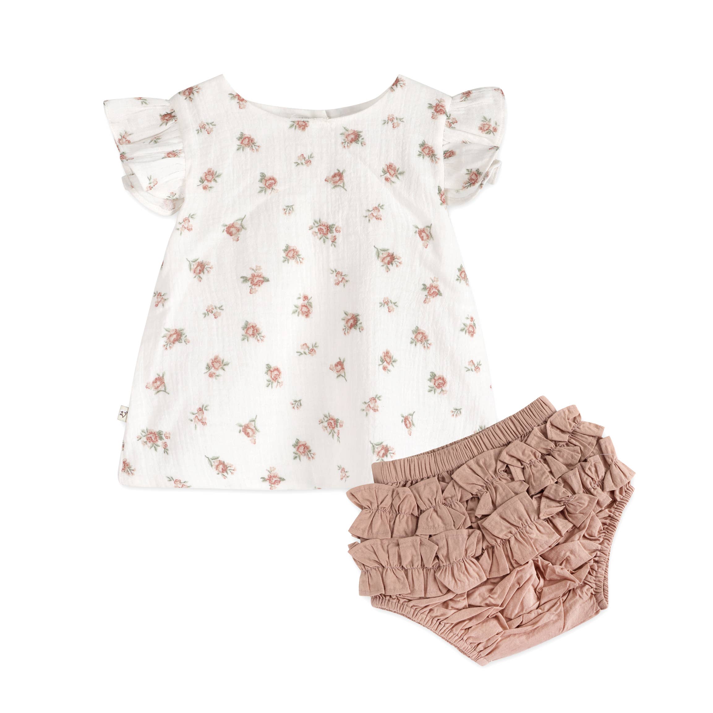Tea Rose Floral Ruffle Sleeve Baby Top + Bloomer Organic, Multi-Floral
