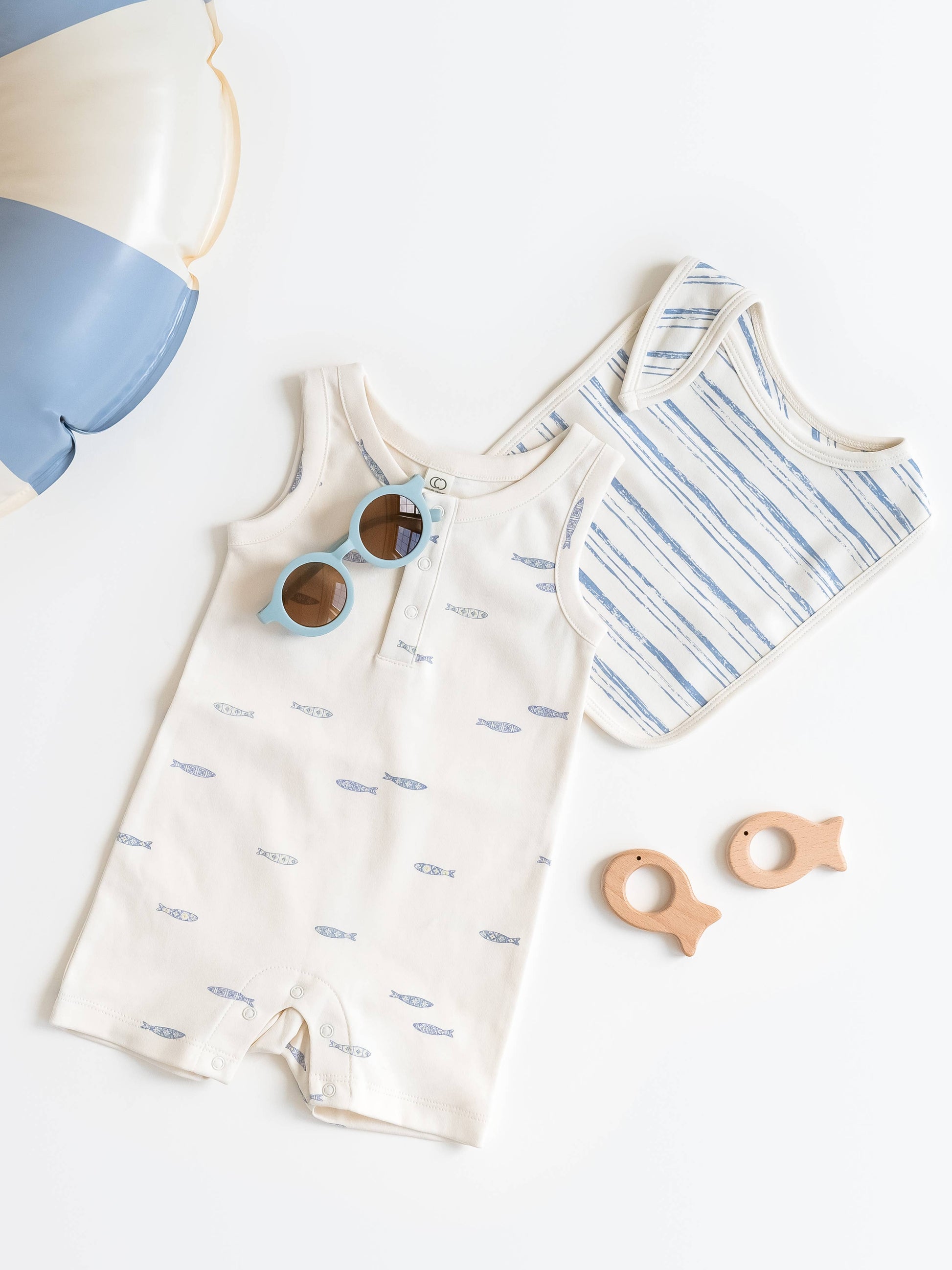 Organic Baby Nile Romper - Fish / Marino + Rain