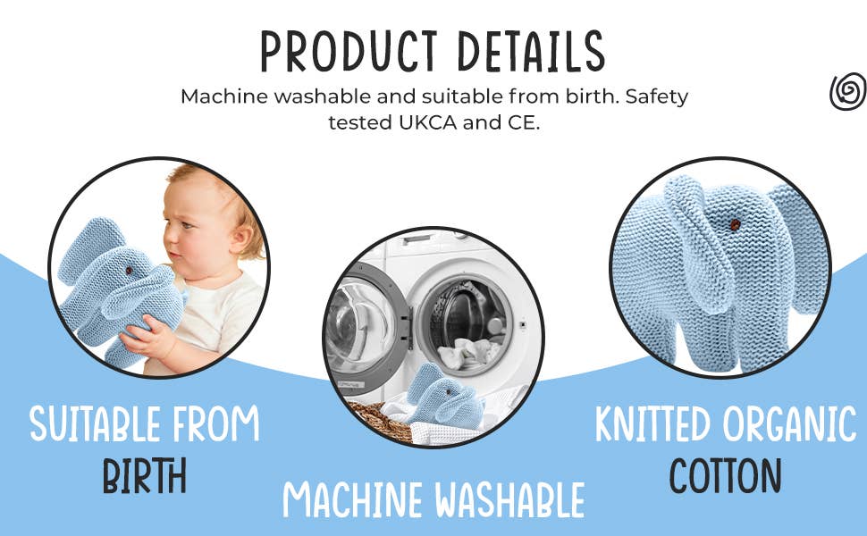 Blue Elephant Baby Rattle Knitted Organic Cotton