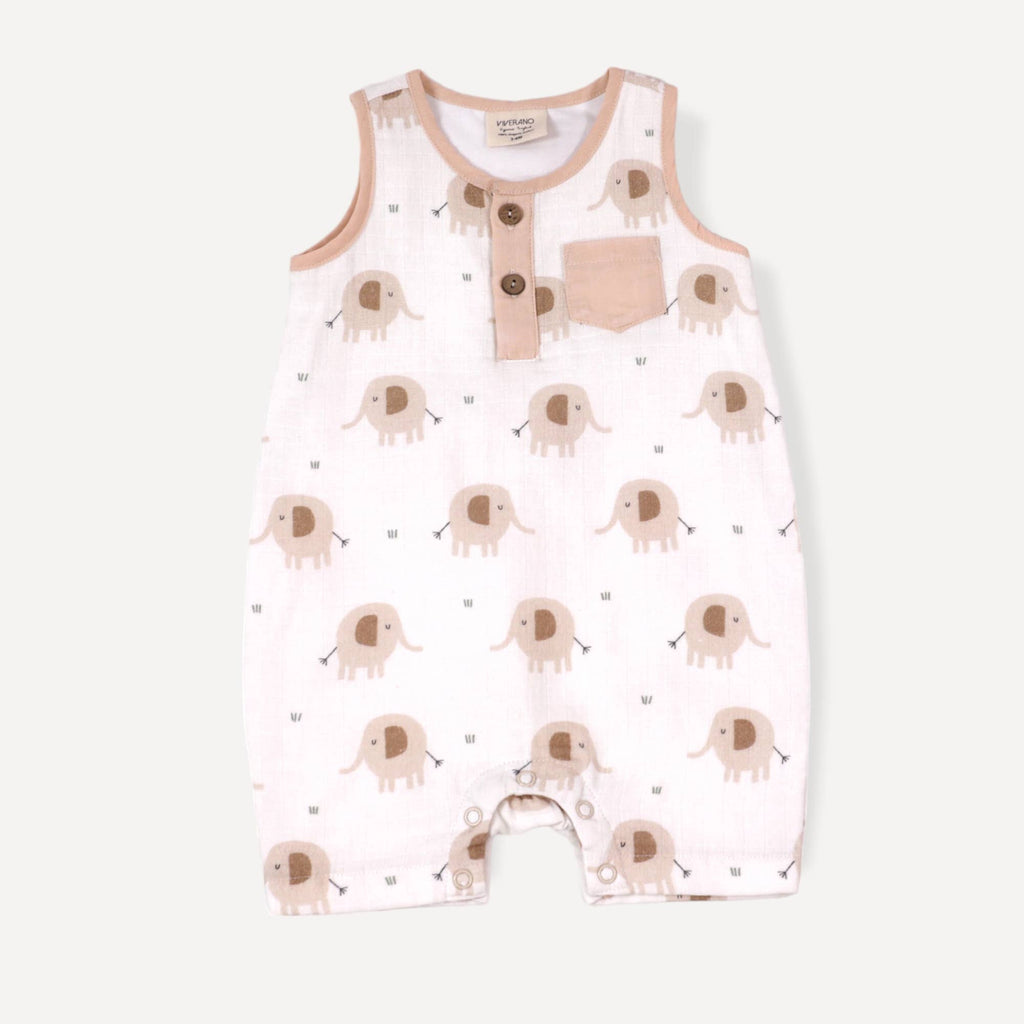 Elephant Henley Sleeveless Baby Romper Organic Muslin