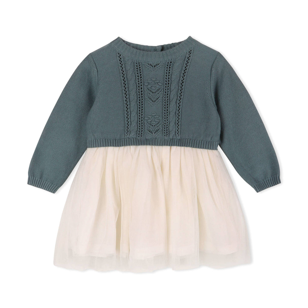 Cable Floral Sweater Knit Top & Tutu Baby Dress Organic : Teal Blue