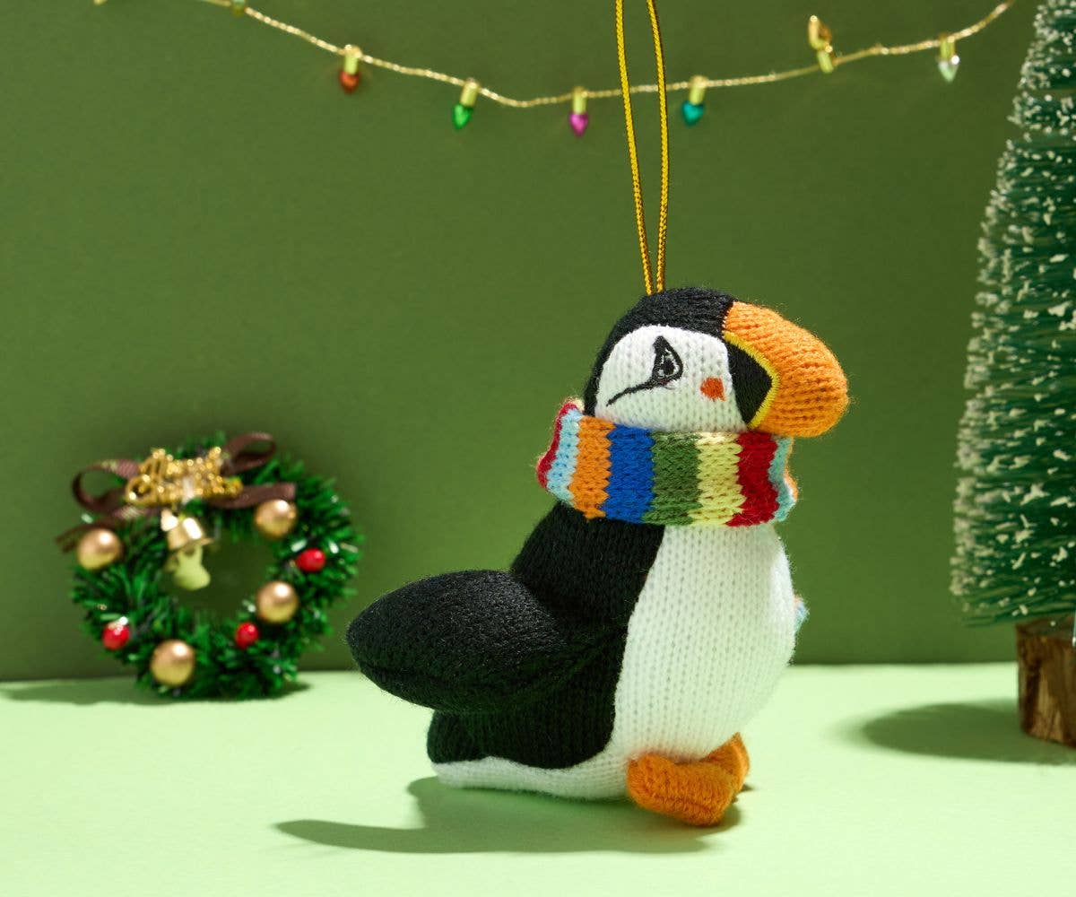 Knitted Puffin with stripe scarf Christmas Decoration