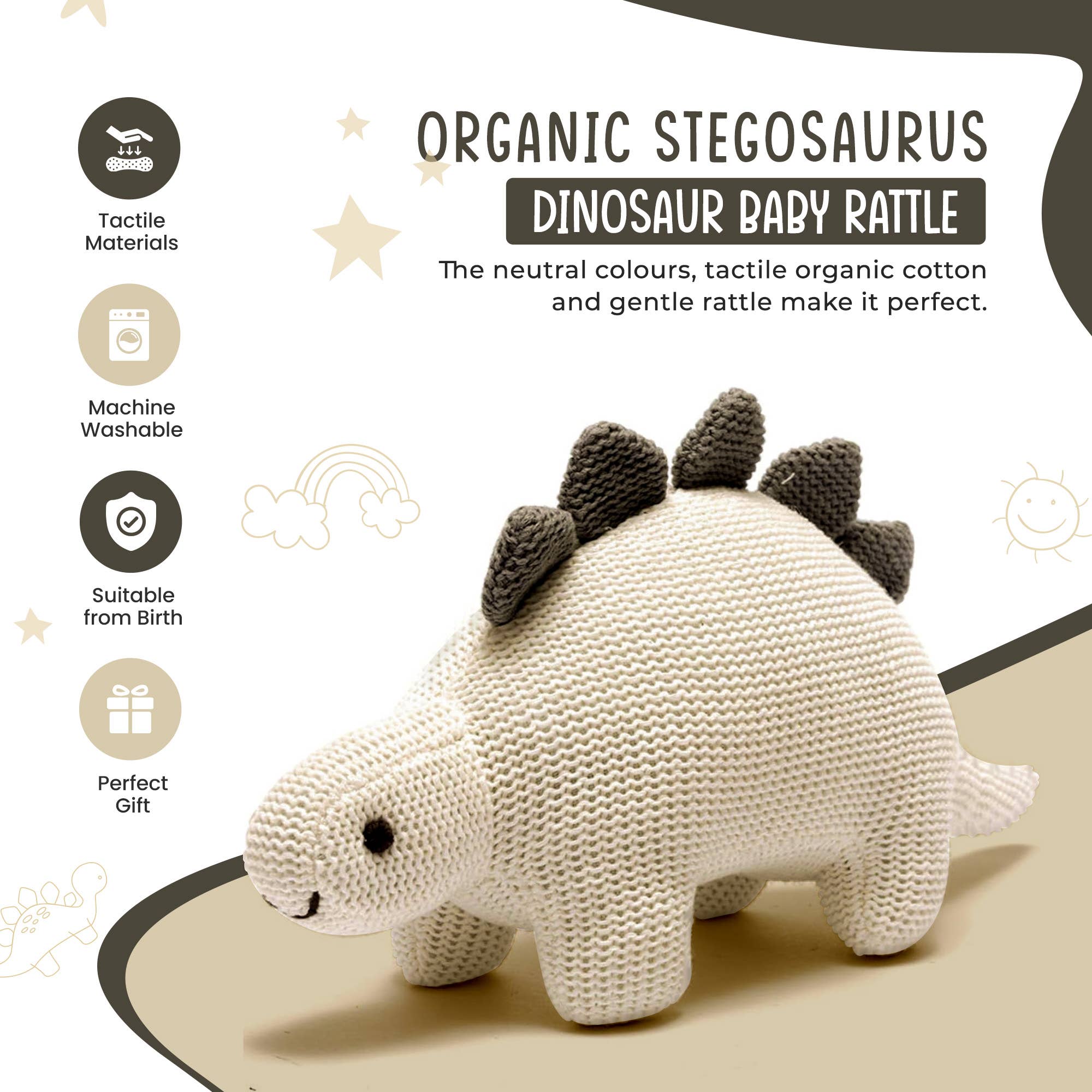 Organic White Cotton Knit Stegosaurus Dinosaur Rattle