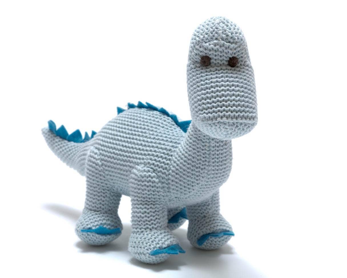 Hochet bébé dinosaure diplodocus bleu tricoté en coton biologique