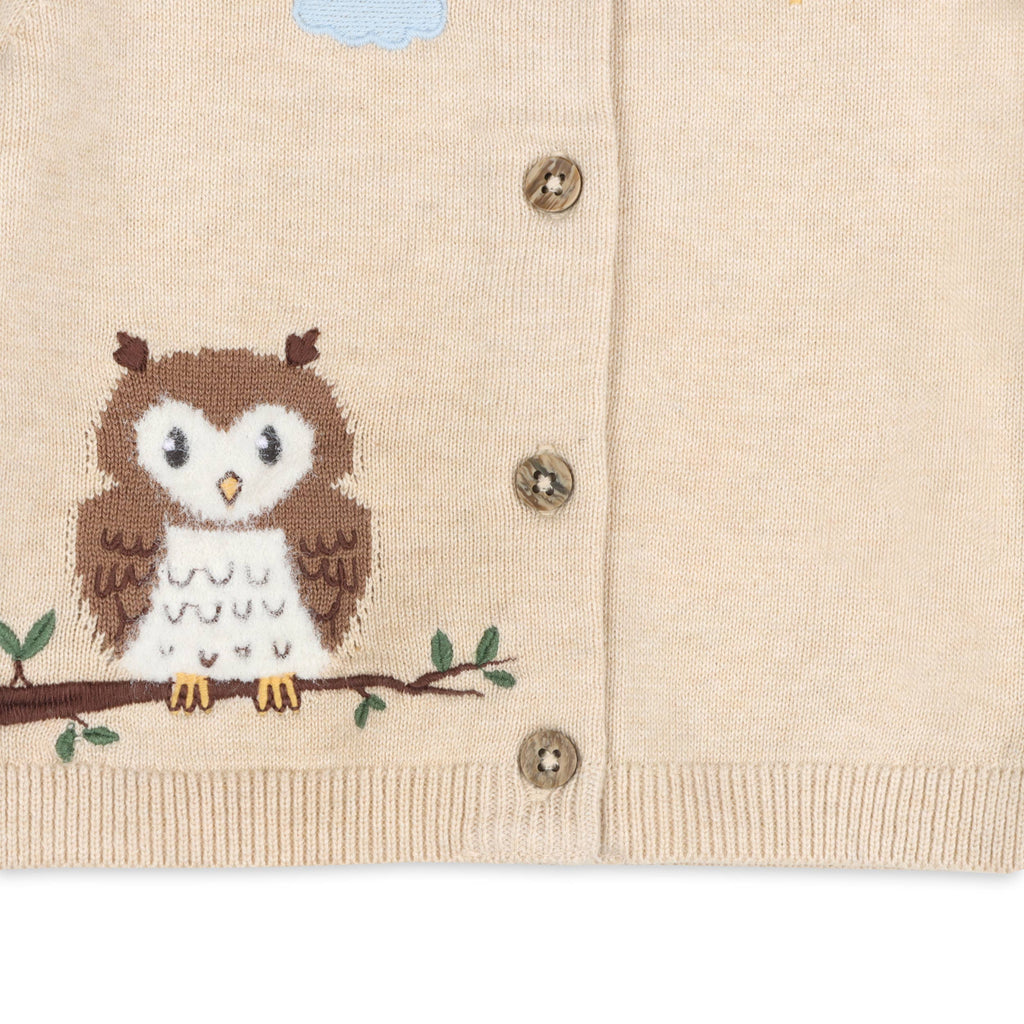 Owl Organic Cotton Embroidered Knit Baby Cardigan Oatmeal