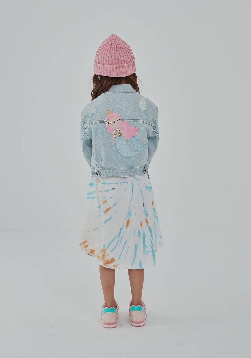 Patched Denim Jacket - Collared Neckline: Mermaid