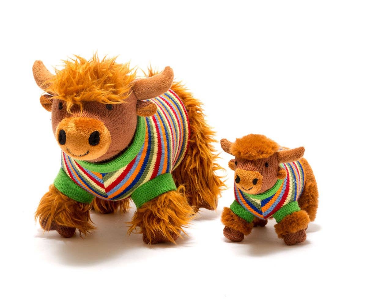 Knitted Highland Cow Soft Toy in Stripe Jumper