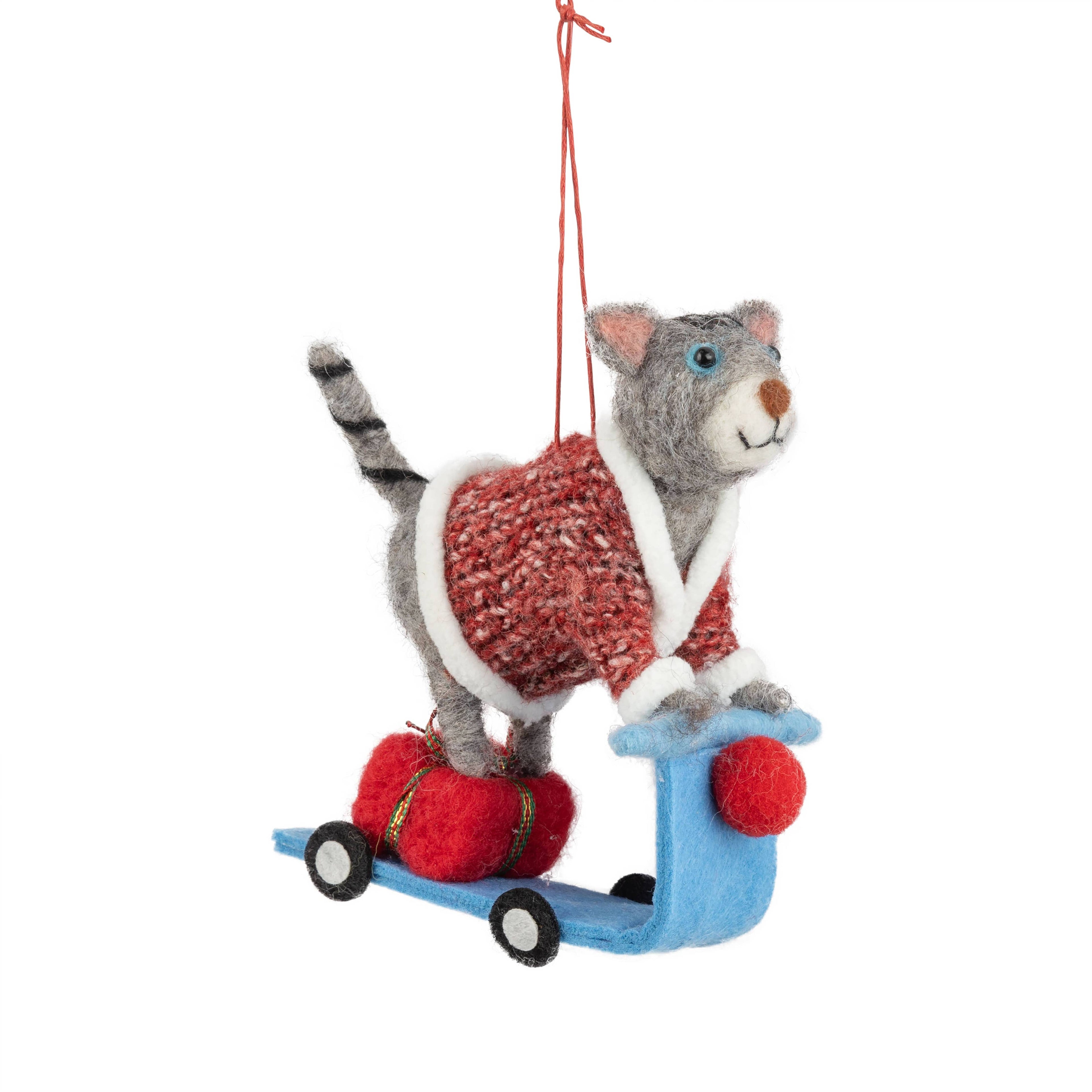 Gray Felt Cat on Scooter Ornament