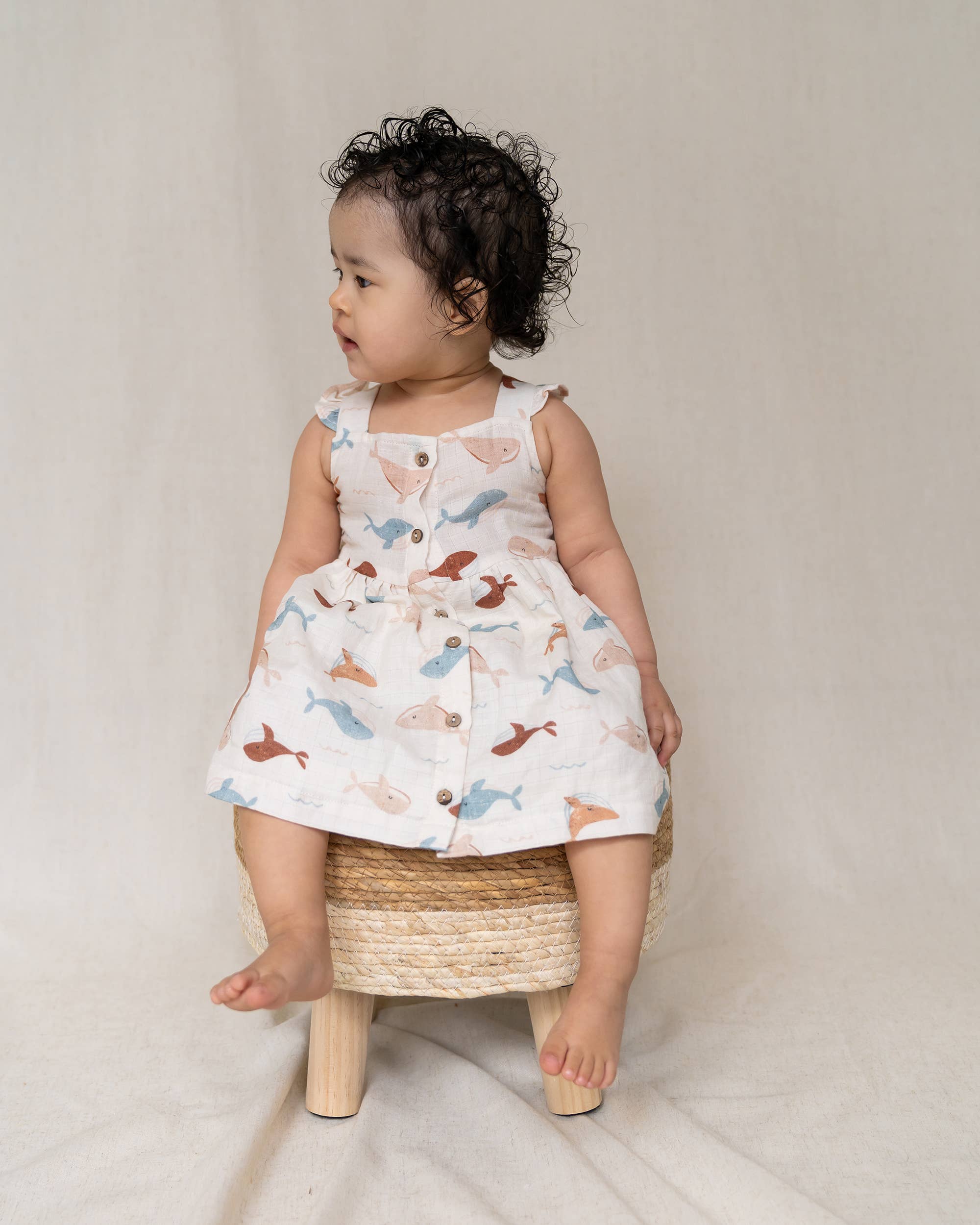 Whales Ruffle & Button Baby Dress+Bloomer Organic Muslin