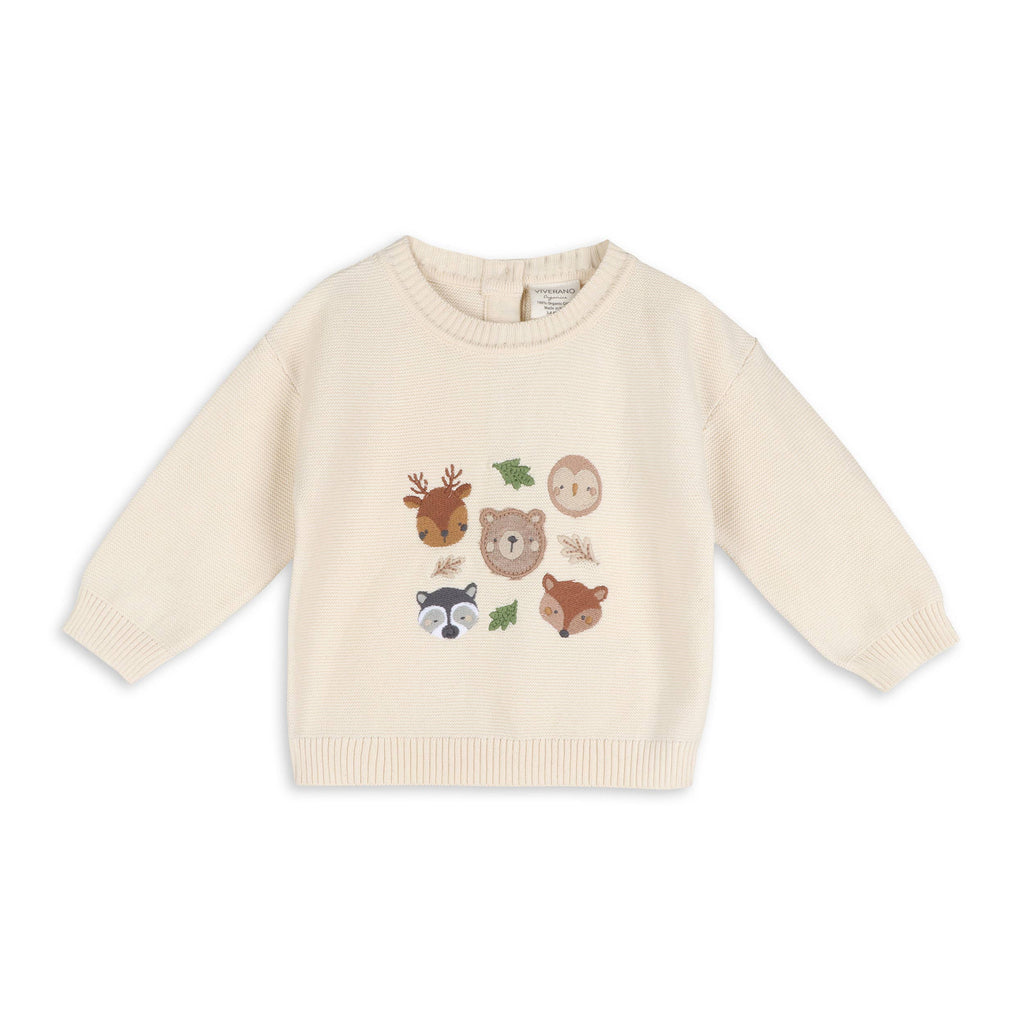 Woodland Animals Organic Cotton Knit Baby Pullover Ecru