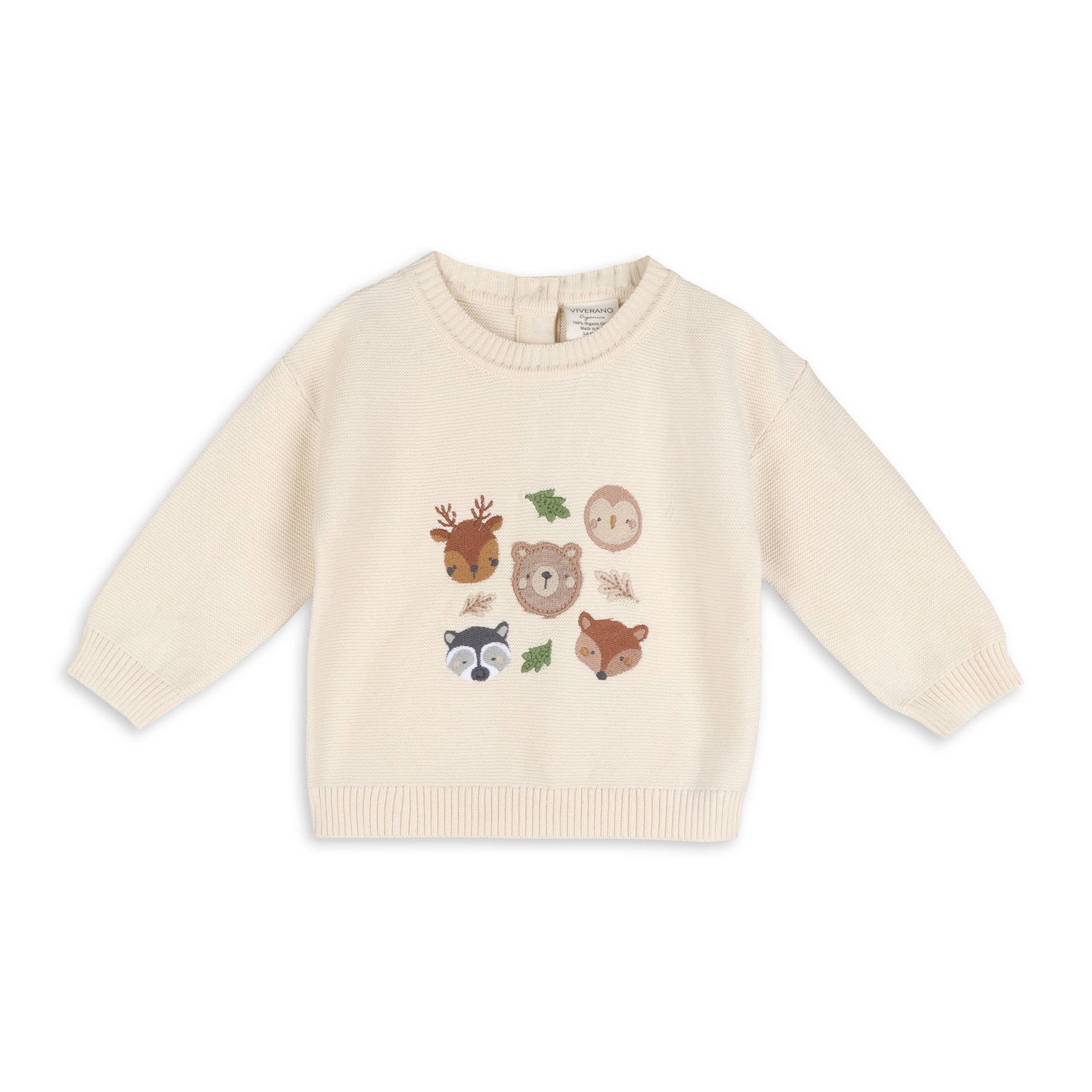 Woodland Animals Organic Cotton Knit Baby Pullover Ecru