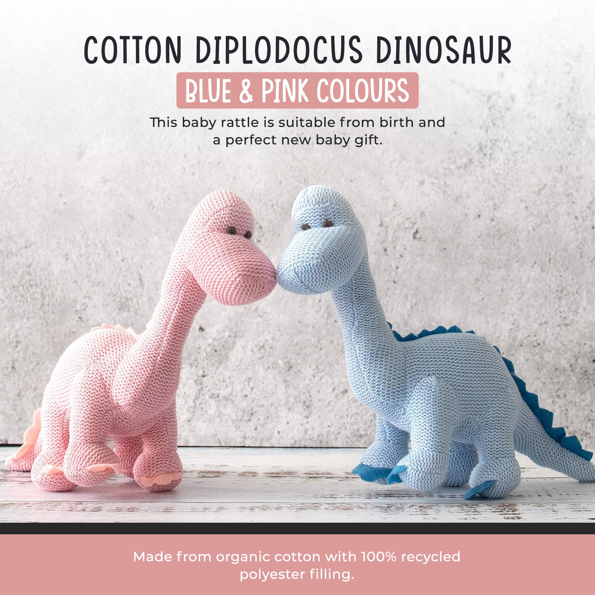 Hochet dinosaure diplodocus rose en coton biologique tricoté