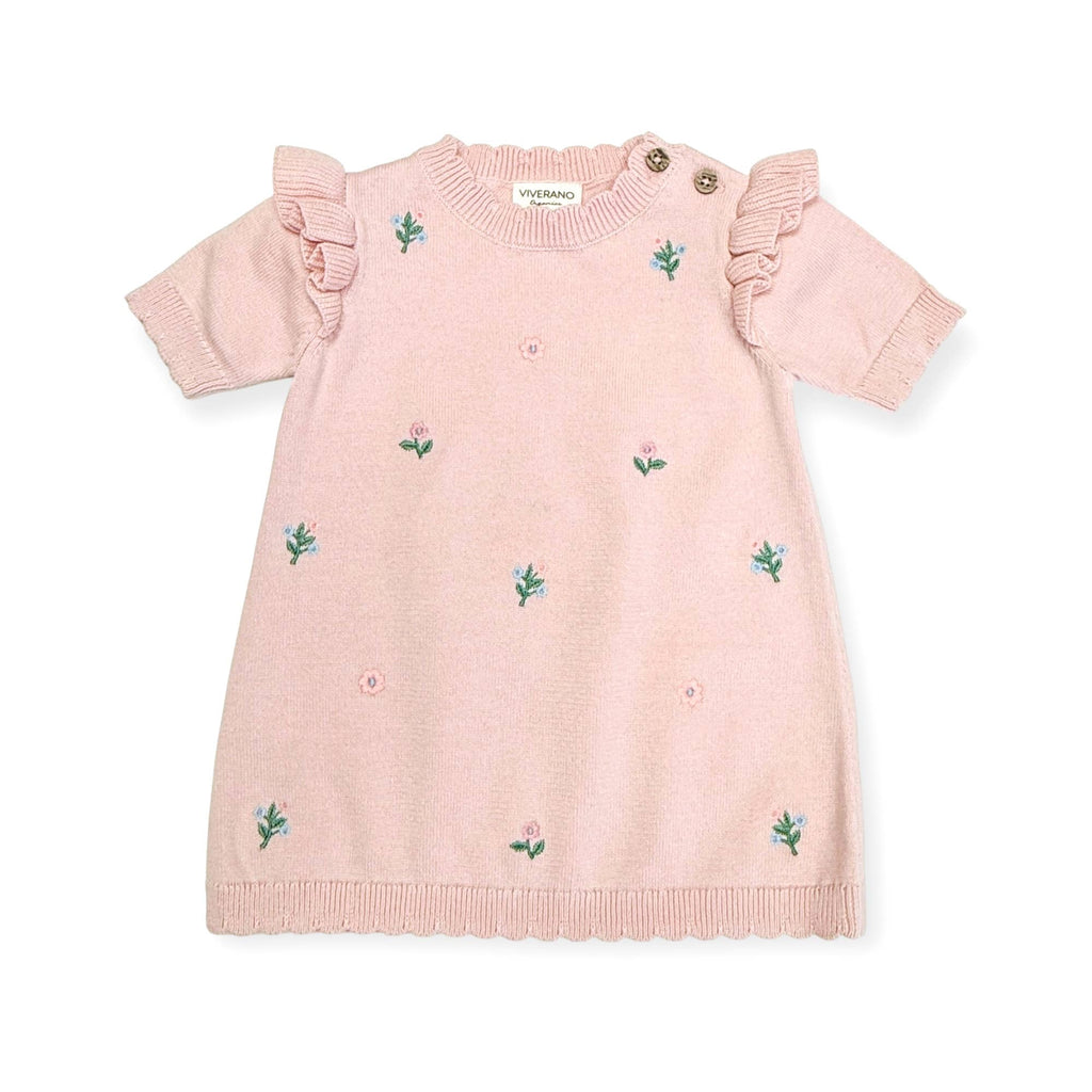 Floral Embroidered Organic Short Sleeve Ruffle Dress Baby Pink