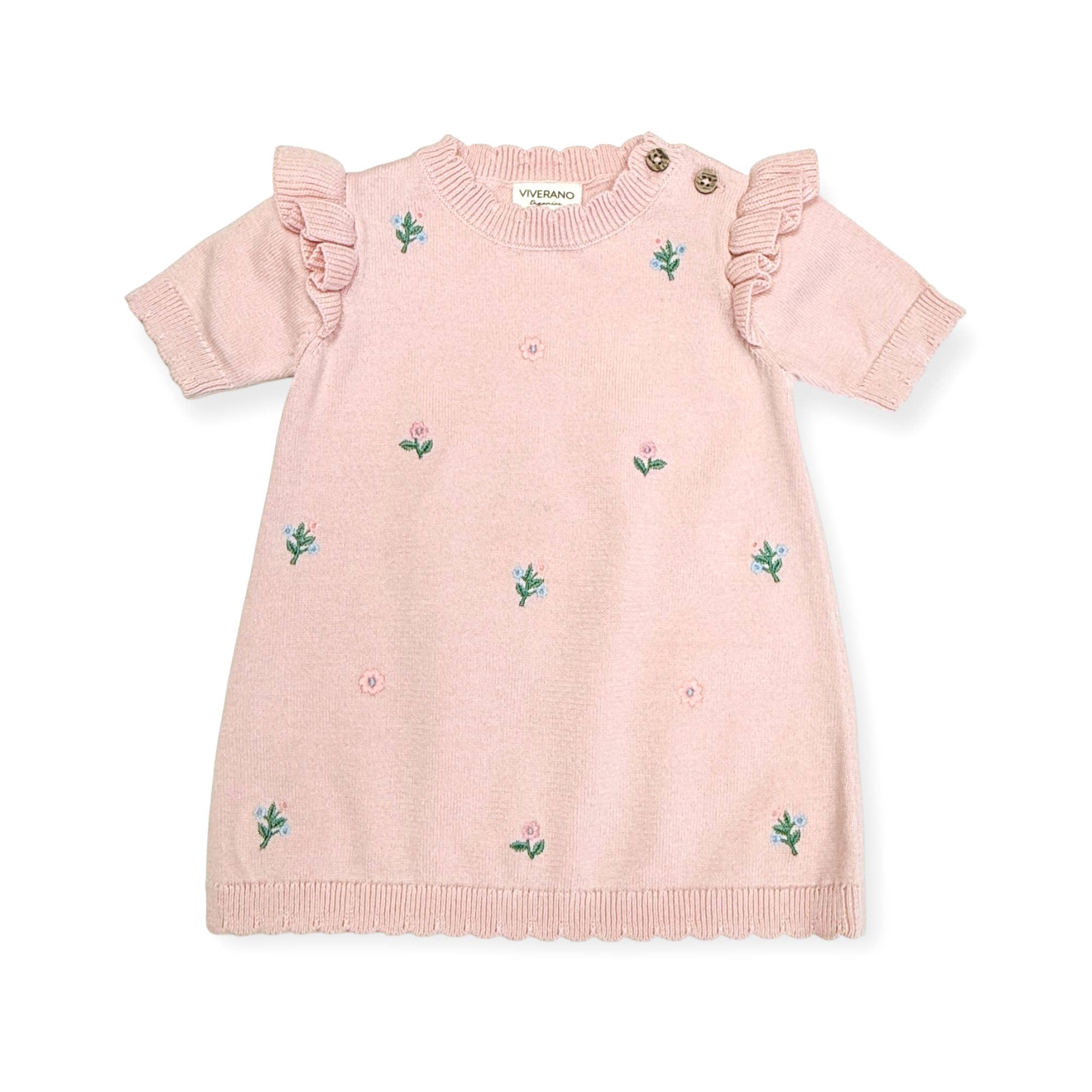 Floral Embroidered Organic Short Sleeve Ruffle Dress Baby Pink