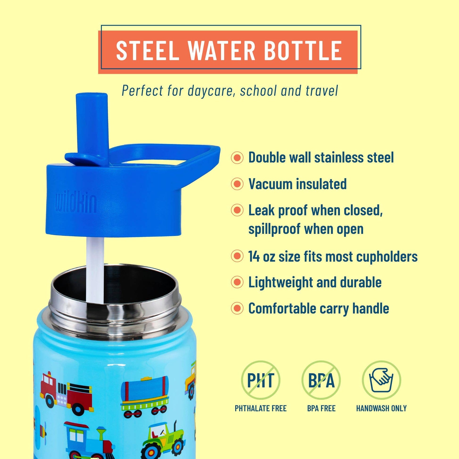 Bouteille d'eau en acier inoxydable de 14 oz, motif trains, avions et camions
