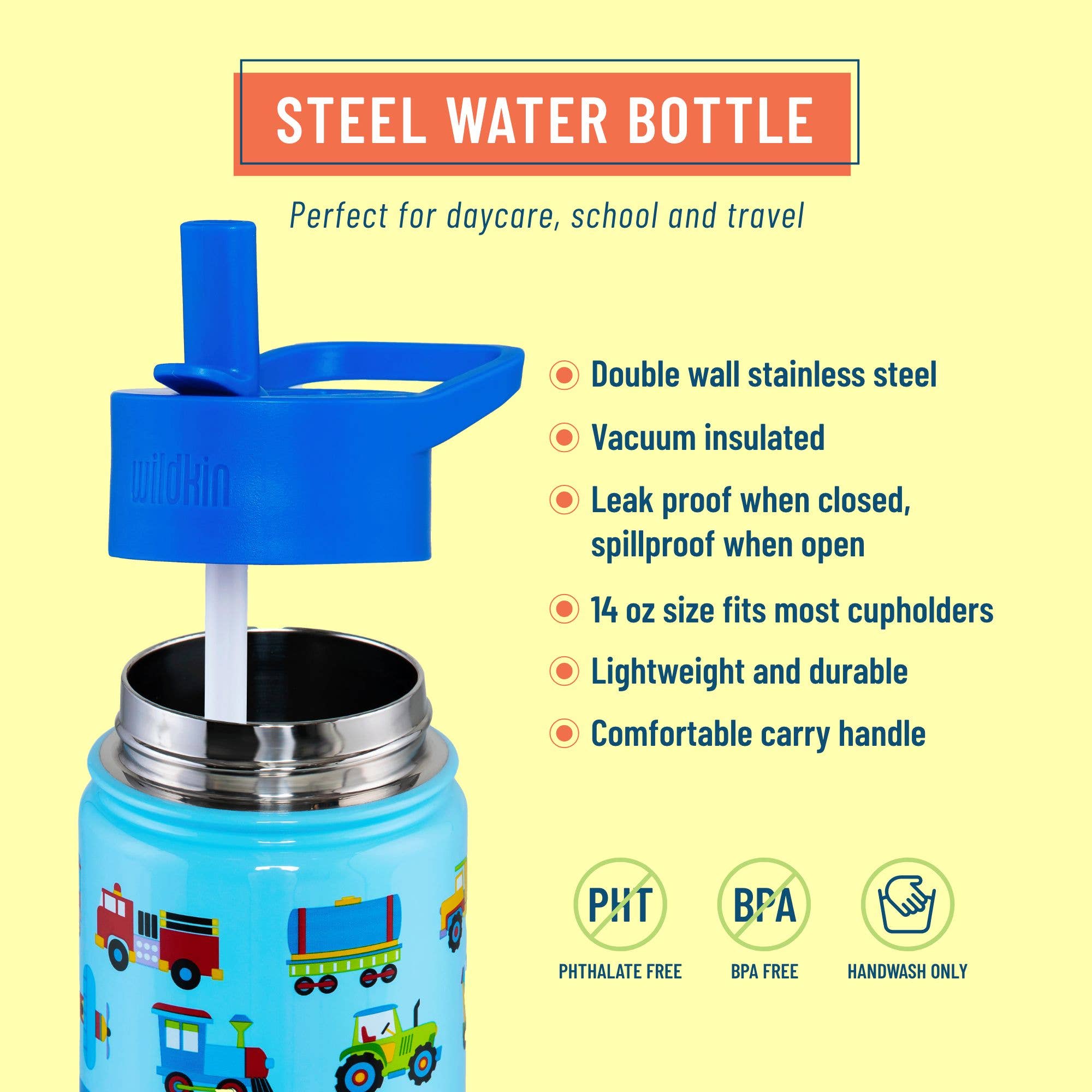 Bouteille d'eau en acier inoxydable de 14 oz, motif trains, avions et camions