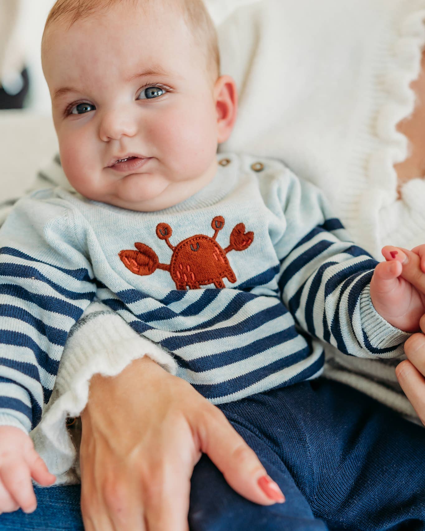 Crab Embroidered & Stripe Knit Baby Pullover Organic Cotton