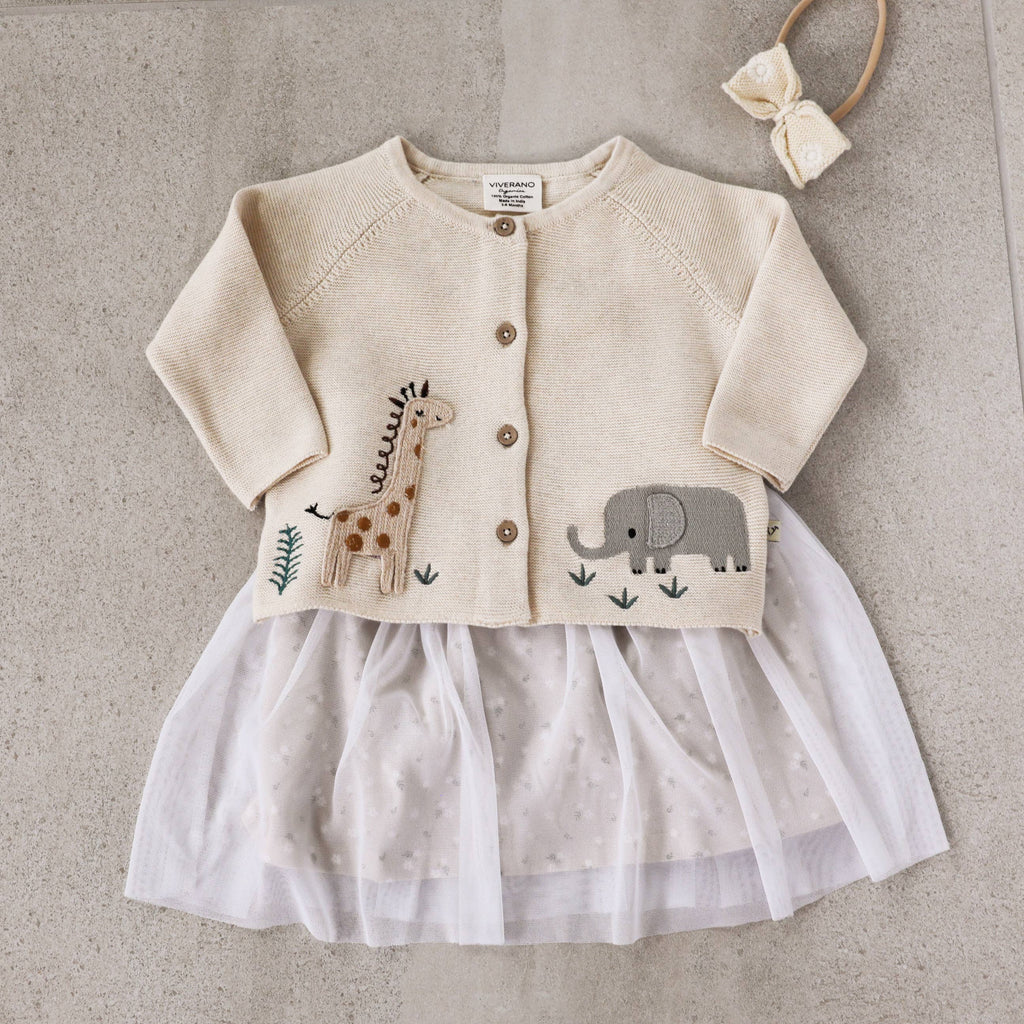 Animal Safari Organic Embroidered Baby Cardigan Sweater Natural