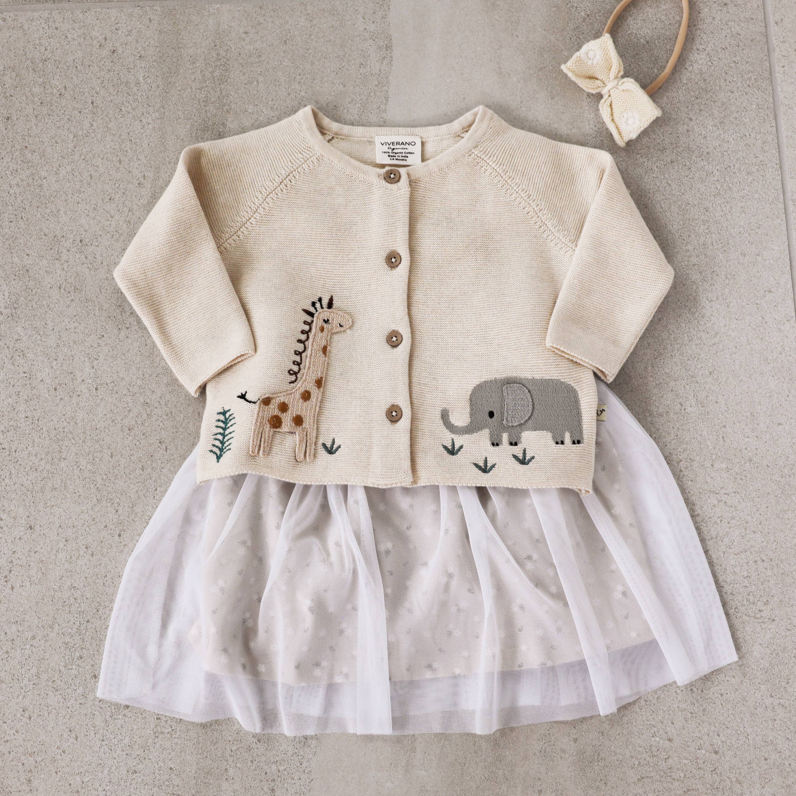 Animal Safari Organic Embroidered Baby Cardigan Sweater Natural