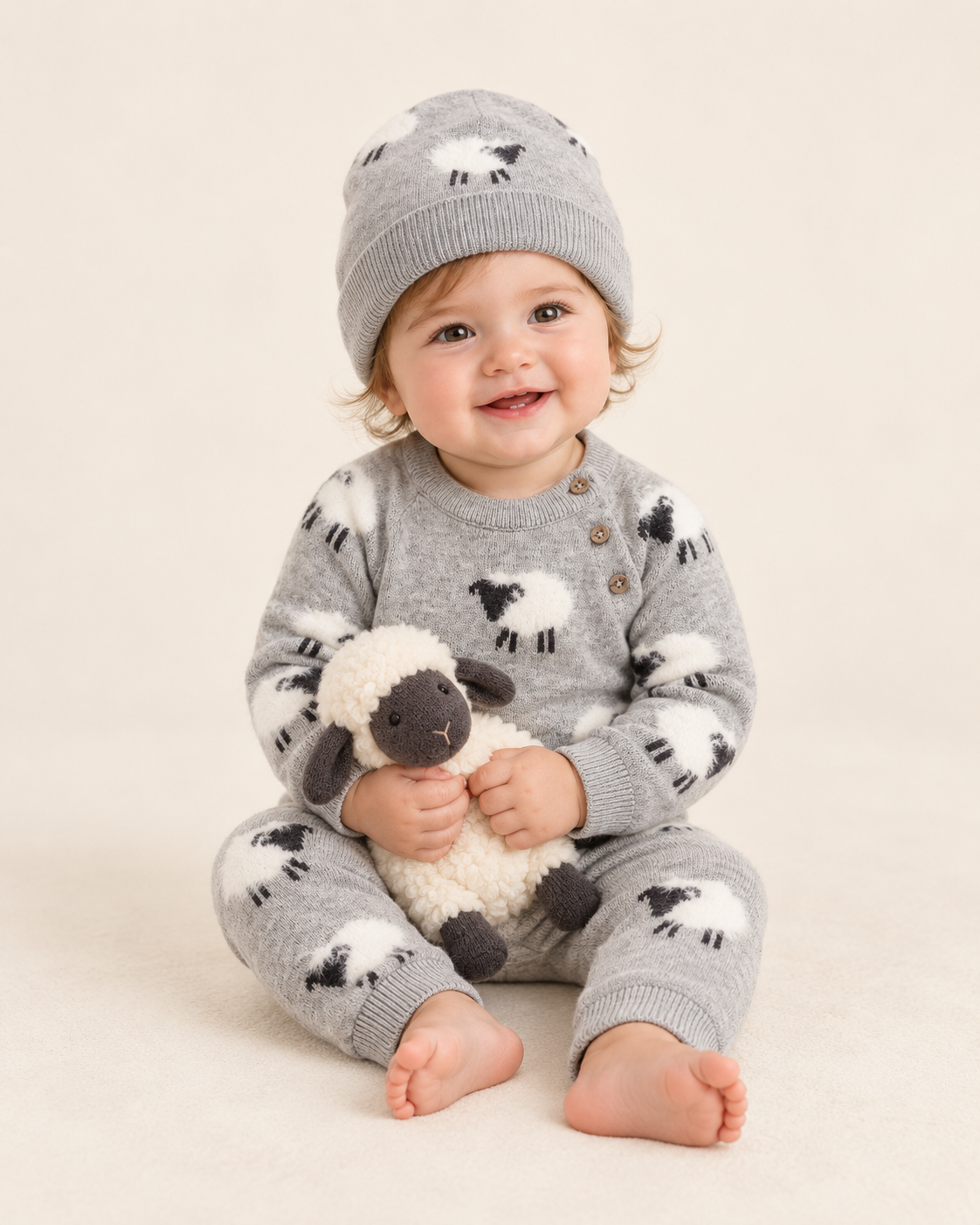 Furry Sheep 3D Jacquard Sweater Knit Baby Jumpsuit (Organic): Pewter Grey Heather