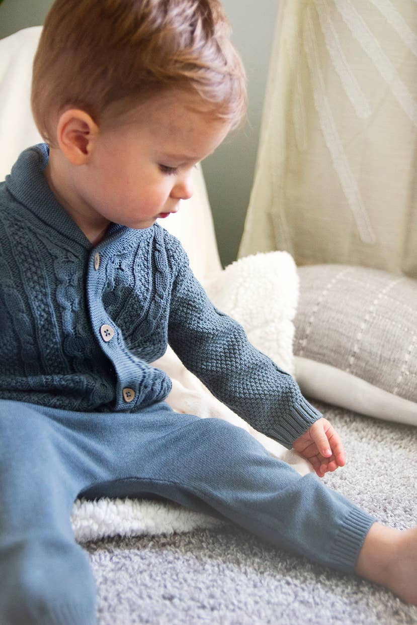 Shawl Collar Cable Knit Baby Cardigan Sweater Organic Cotton: Teal Blue