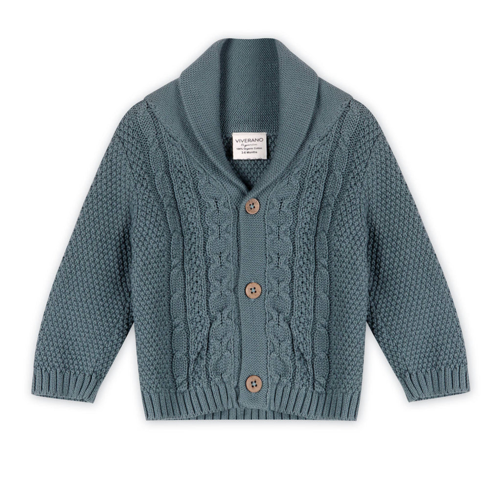Shawl Collar Cable Knit Baby Cardigan Sweater Organic Cotton: Teal Blue